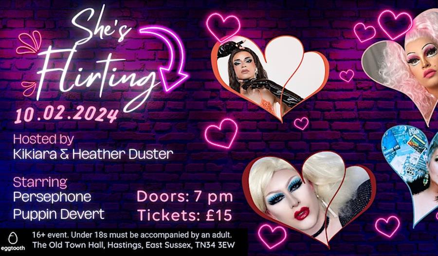 Poster for She's Flirting, shows portraits of drag artists within framed lovehearts.
