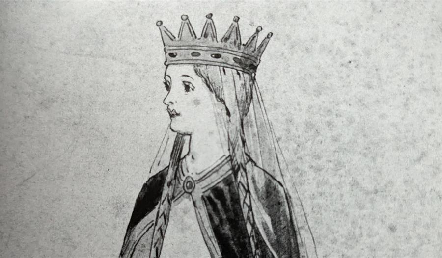 Drawing sketch of a queen, young woman wearing a crown, veil, and a robe.