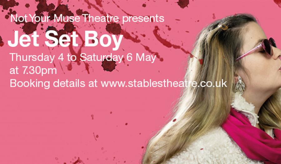 poster with text 'Jet Set Boy', with pink background and two women blowing bubble gum wearing sunglasses.