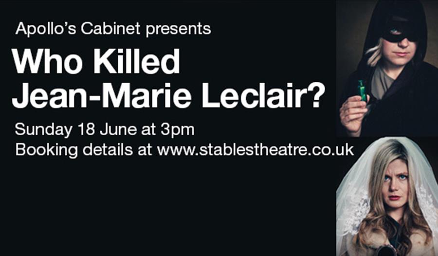 poster with black background. White title says "Who Killed Jean-Marie Leclair? Photographs of characters including a bride in a veil.