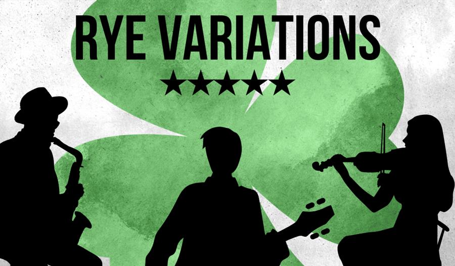 illustration poster with green shamrock shape in background and silhouette of musicians with guitar, saxophone and violin.