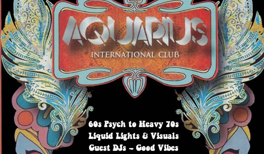 poster for Aquarius clubnight with pyschadelic design.