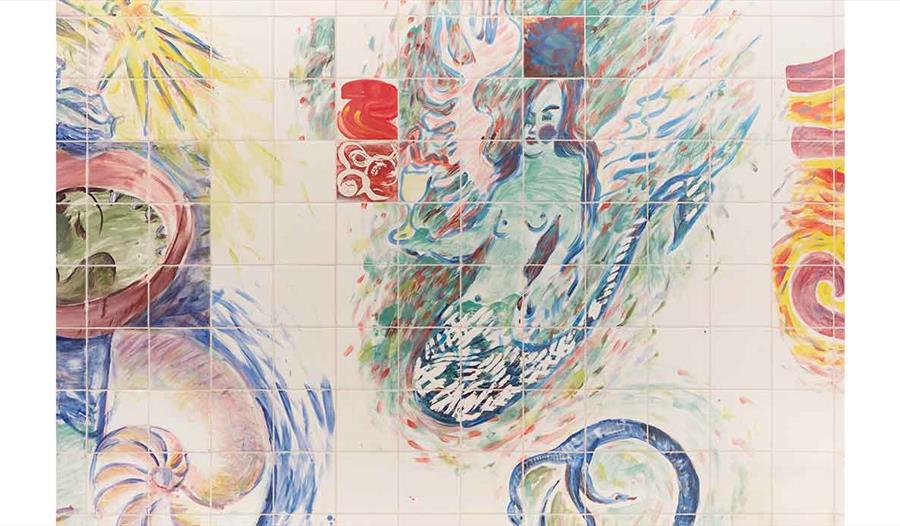 Lucy Stein, Detail: Wet Room (2021), Hand-painted ceramic tiles, bath, sink, shower head, black acrylic mirror, water. Installation view, Wet Room, Sp