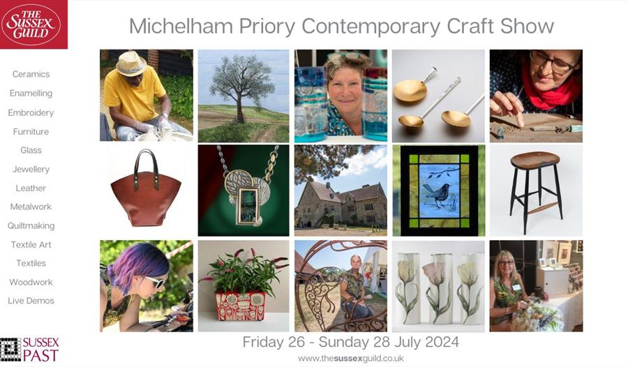 poster for Michelham Priory Sussex Guild Craft Show. Shows photograph of leatherwork, frames, jewellery, furniture and painting.