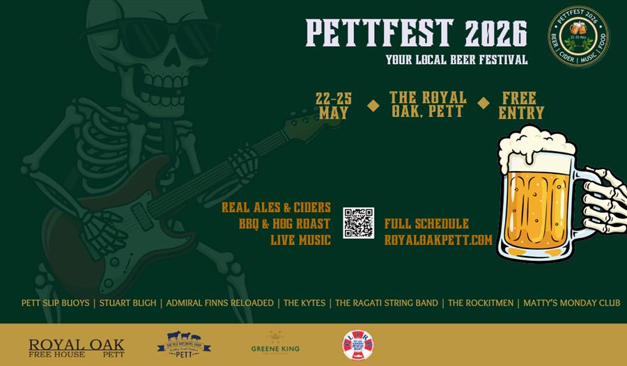 Event poster for PettFest 2026 featuring a skeleton playing guitar and a skeleton hand holding a beer.