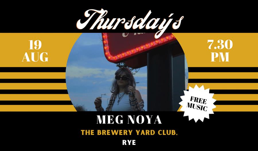 black and yellow poster for brewery yard club music event. circular photograph in centre shows musician meg noya.