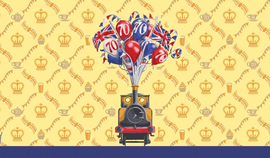 Cartoon picture of a steam train with Union Jack flags and red, white and blue balloons coming out of the funnel.