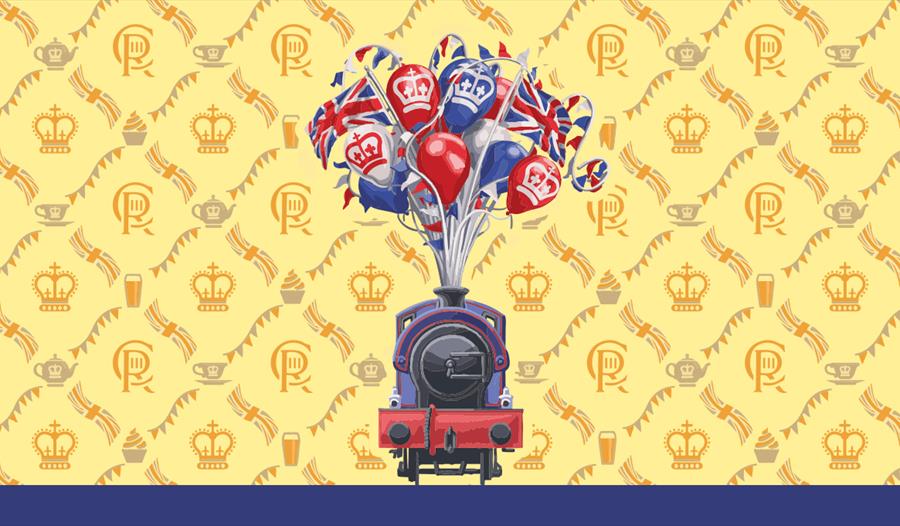 An illustration of a steam train against a yellow background with Royal emblems. Instead of steam, balloons in red and blue, butting, and the Union fl