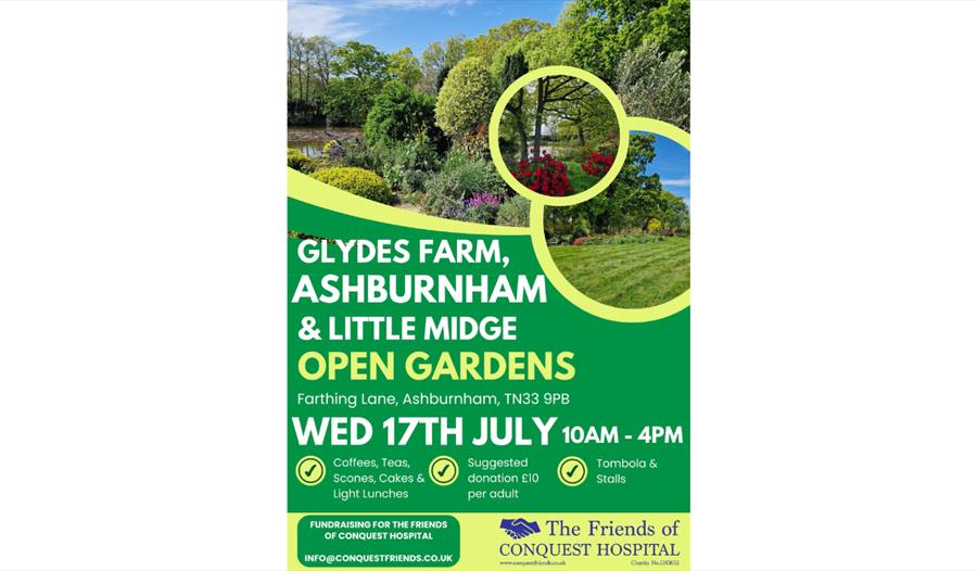 poster for Glydes Farm shop and Little Midge Open Gardens event. Green background with photographs of trees and established garden.