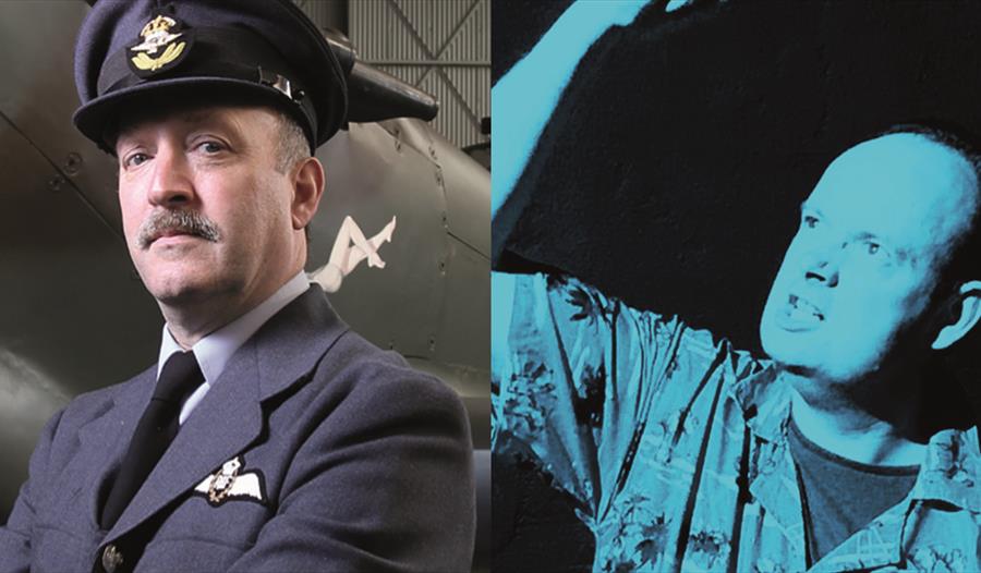 two photographs. On left a man stands before an aircraft with suit and hat. To the right a white man grimaces as he looks upwards, image has a blue hu