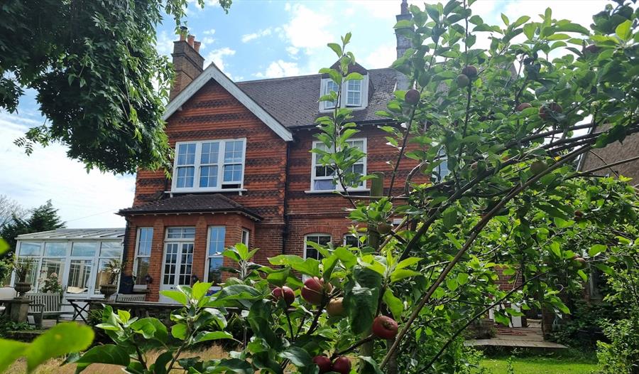 Photograph of a detached house with a conservatory and garden.