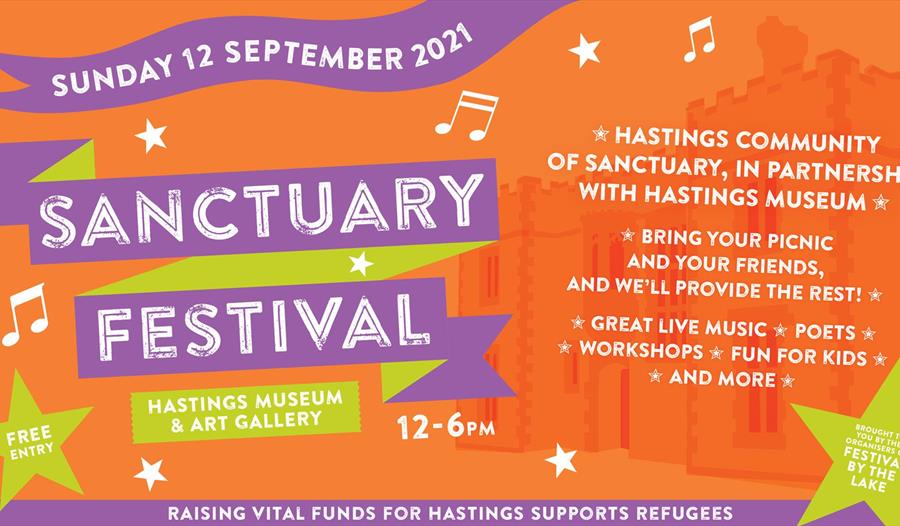 A poster for Sanctuary Festival. Orange background with festival name wirtten in white on a purple banner.