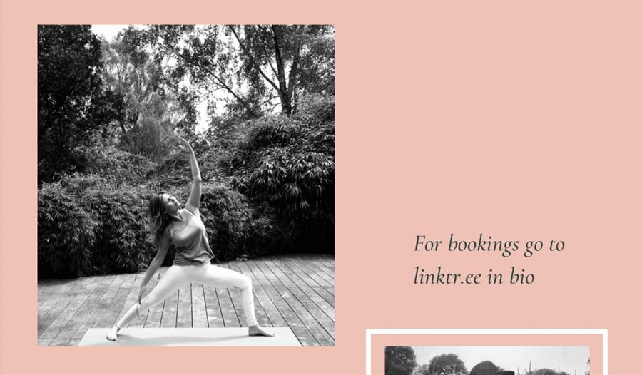 a poster for a wellness day at tillingham wine estate. Dusky peach background with 2 square photographs. one of a lady in a yoga pose, the other a lad
