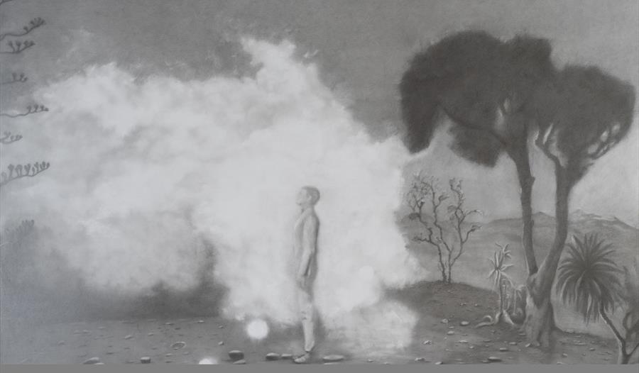 Black and white picture of man in a cloud