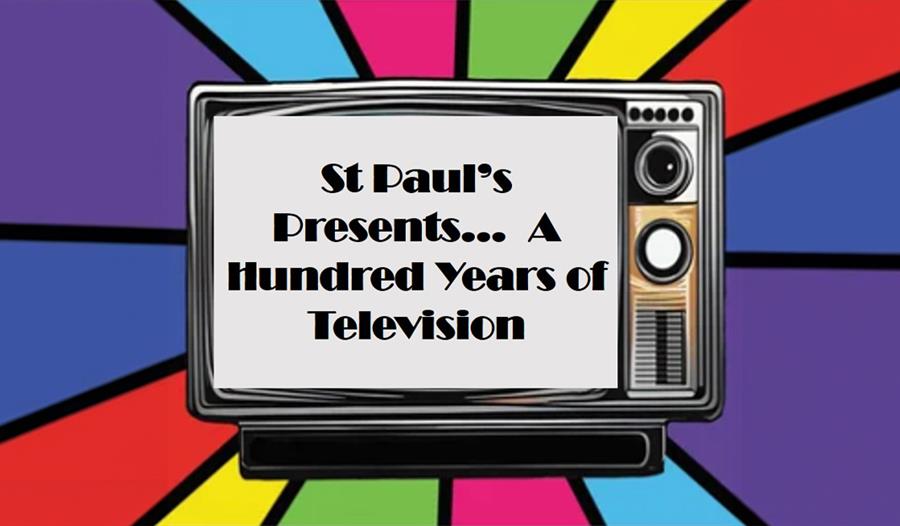 Title on a TV surrounded by colour