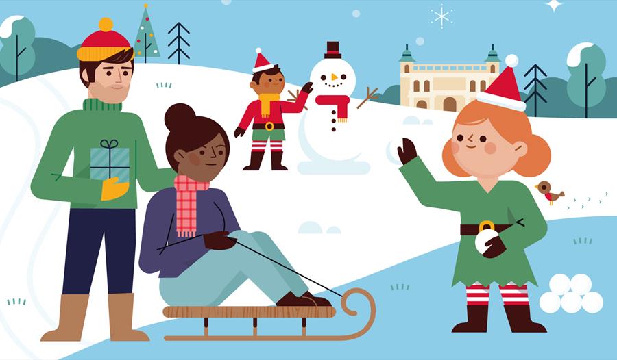 an illustration of a family playing with snowballs on ice.