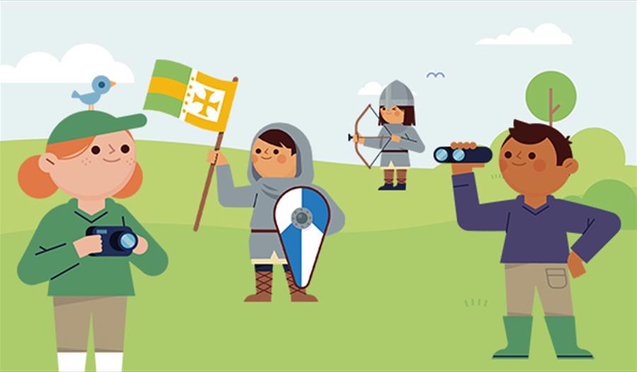 illustration of children as knights and explorers with binoculars.