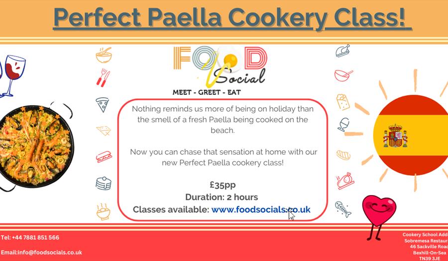 Poster for Perfect Paella Cookery Class. Text is in the description. Scattered images included a paella dish, red wine, and a Spanish flag inside a su