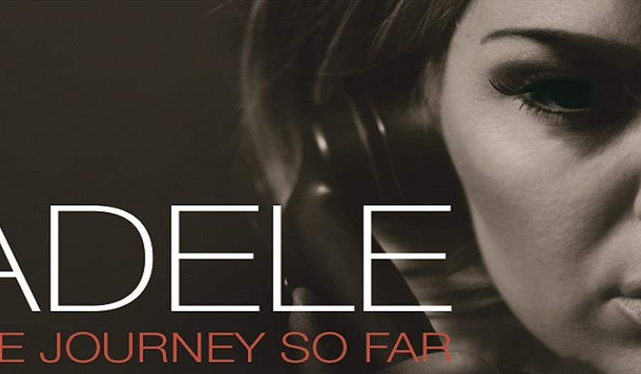 black and white poster. Half a face of woman with head phones on right hand side. Large text in white reads ADELE. Underneath says THE JOURNEY SO FAR.