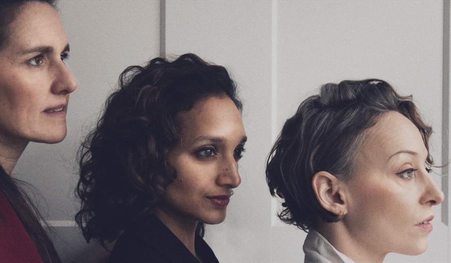 Promotional image for “Difficult Loves” EP launch showing three performers in side profile against a neutral background.