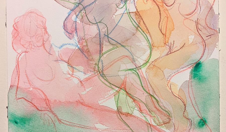 a coloured and pastel and watercolour artwork with silhouettes of female figures