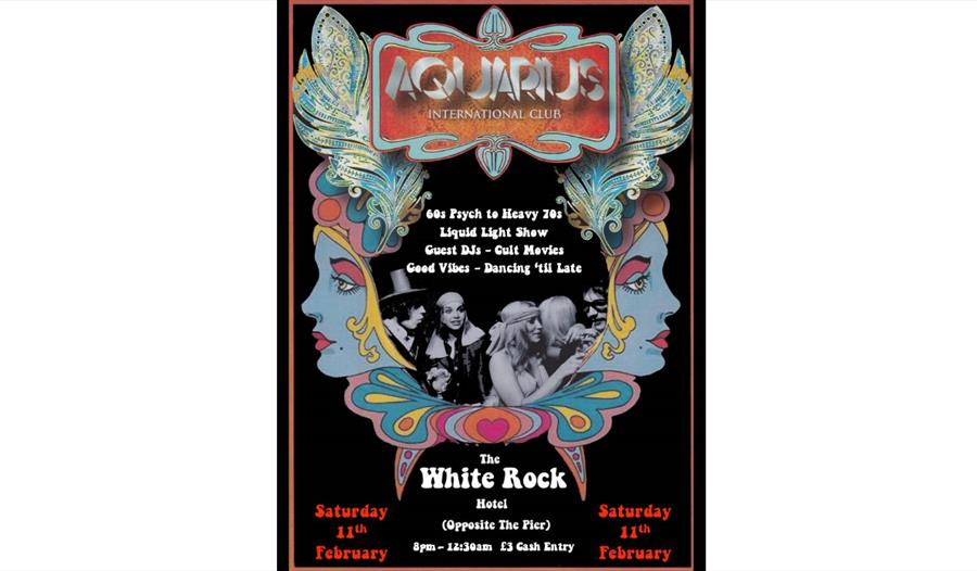 Poster for Aquarius Club and market shows illustrated sixties psychedelic design with flowers a lady's face. Against a black background.