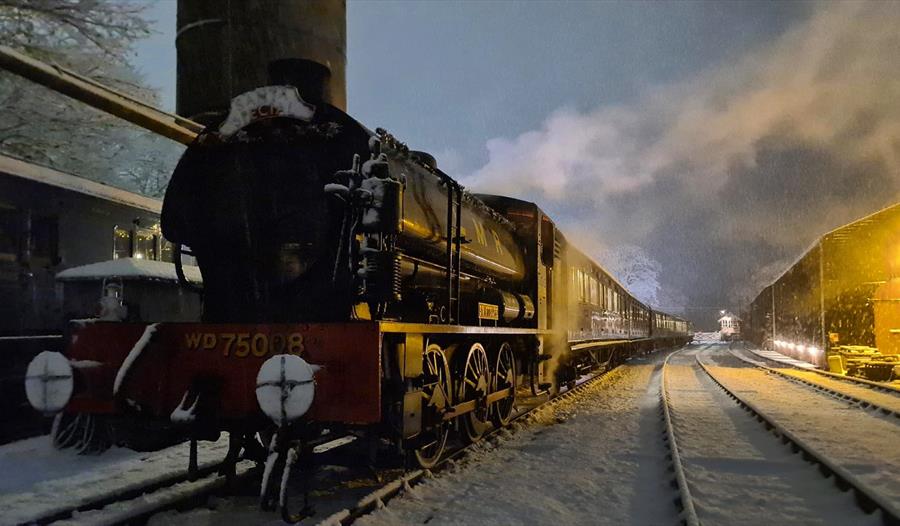 front of steam train on frosty ground