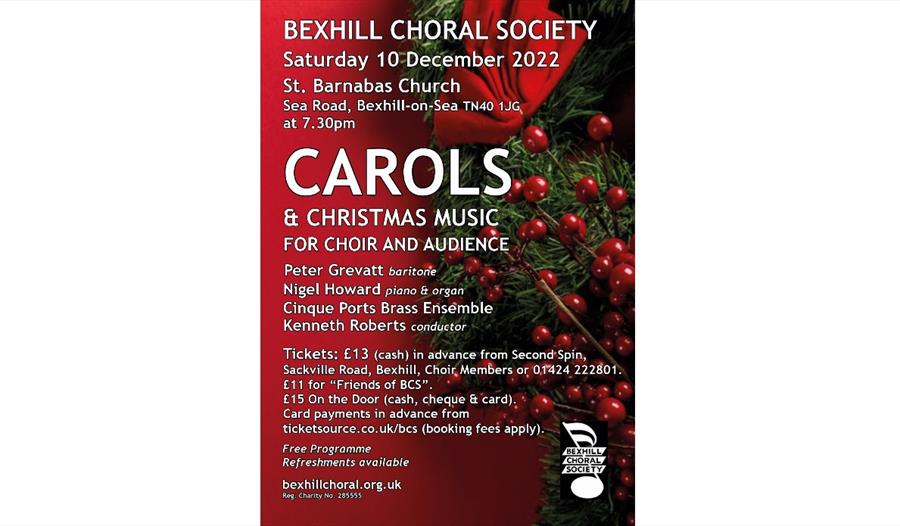 Poster for Carols and Christmas music event. All text in description. Poster with red background and Christmas berries.