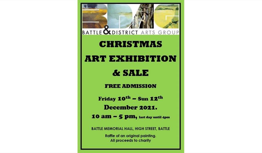 A green poster for a Christmas art exhibition and sale