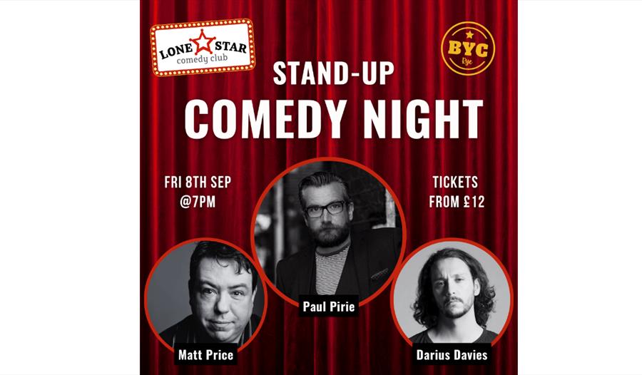 poster with red curtain and three headshots of male comedians. Title says Stand-Up Comedy Night.