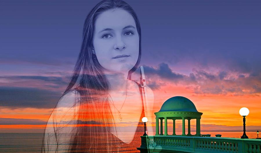 a layered photograph with de la warr pavilion sunset in the background and young white female musician superimposed over the top.