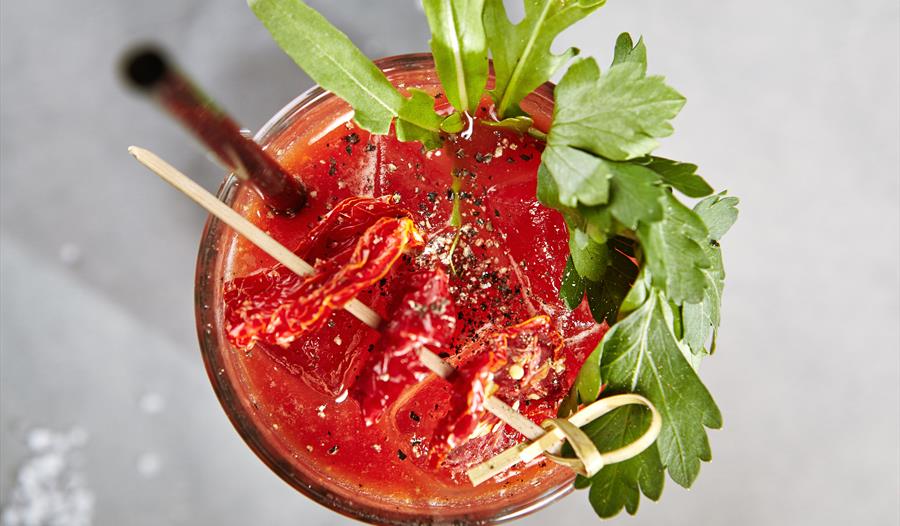 Birds eye view of a Bloody Mary cocktail