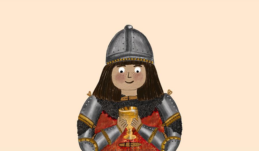 Illustration of a girl against plain peach background. The girl is wearing medieval armour, including a helmet. She is holding a a golden goblet.