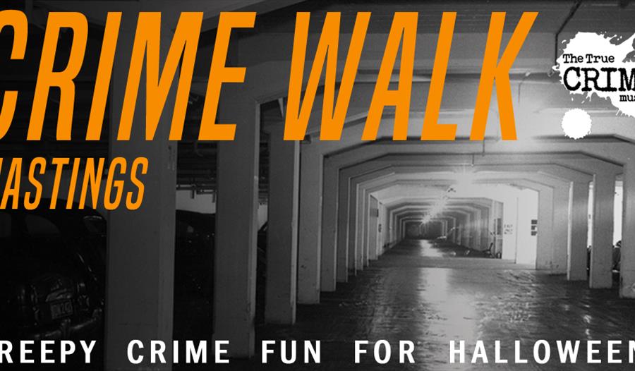 a black and white photograph of an underground car park with with orange text over the top saying Crime Walk.