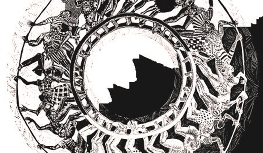 Black and white artwork of people on a wheel