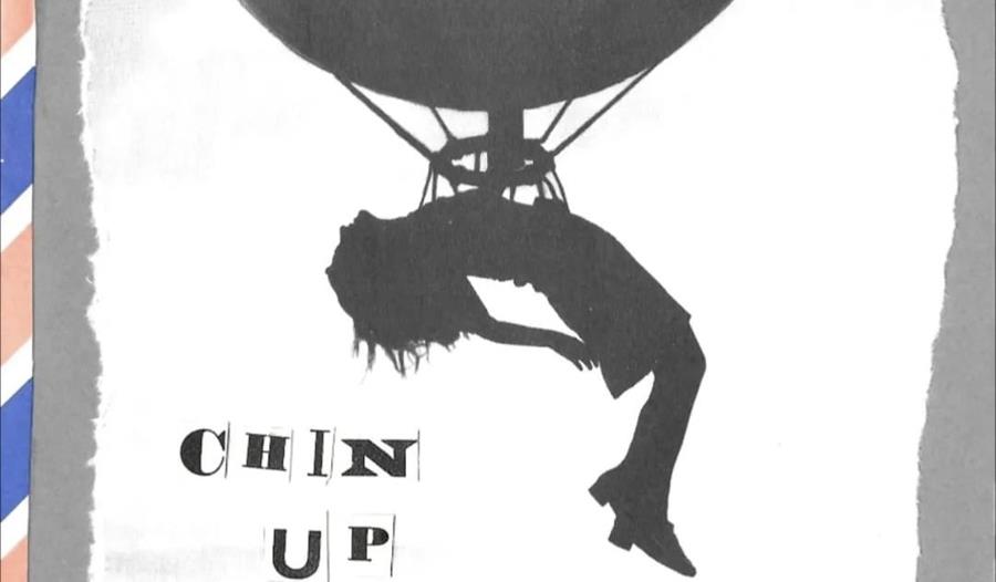 a painting of a woman hanging from a balloon with the caption 'chin up'