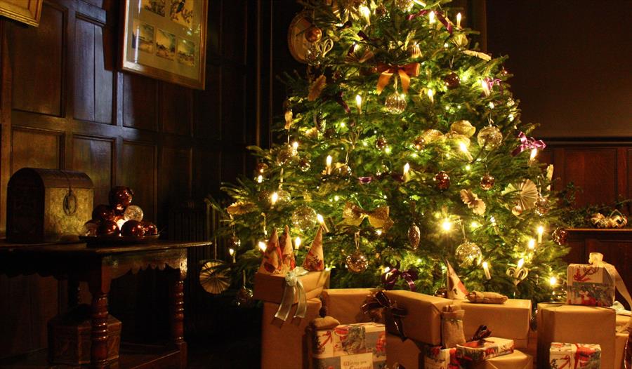 traditional christmas tree aglow with warm lights and brown parcels beneath.