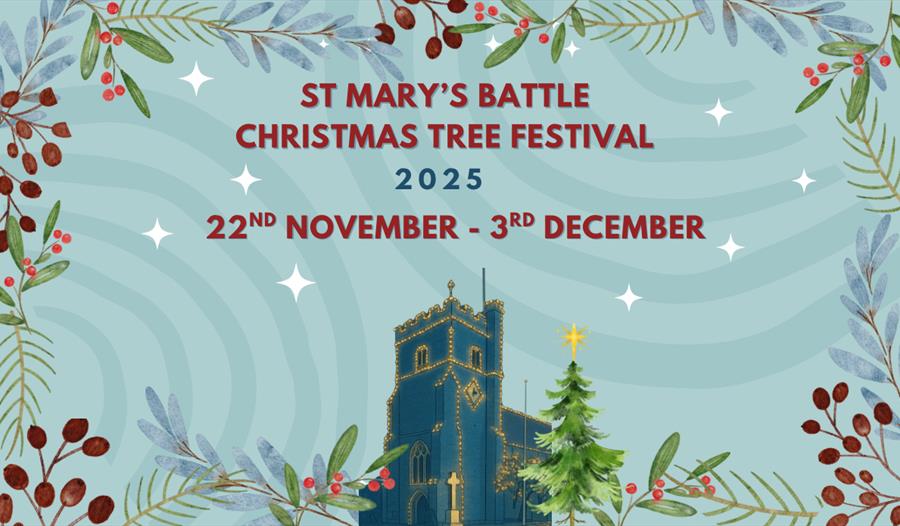Image is a poster for the event. Text reads: ST MARY'S BATTLE CHRISTMAS TREE FESTIVAL 2025. 22ND NOVEMBER - 3RD DECEMBER. The image shows an animation