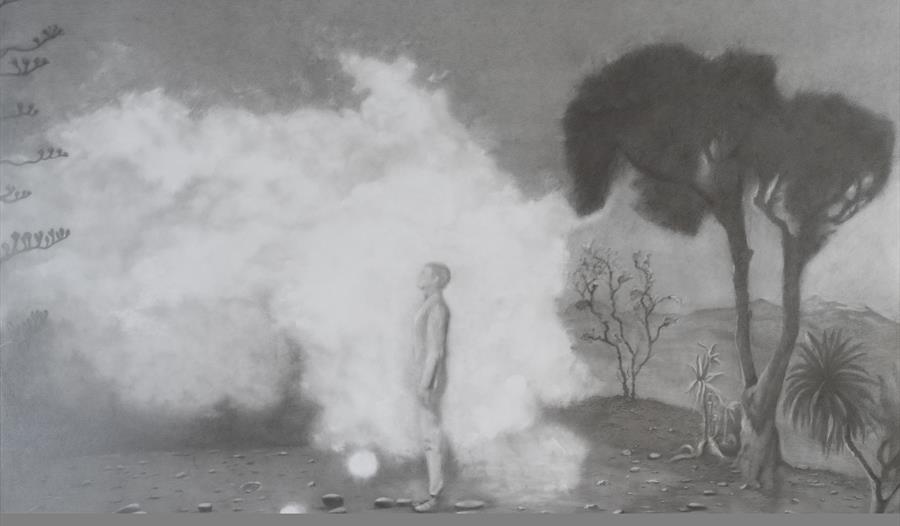 black and white drawing of man standing in smoke with trees in background