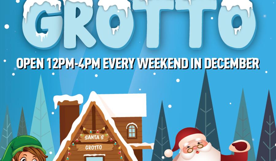 Blue poster showing details for Santa's Grotto at Flamingo Amusements - every weekend before Christmas from 12pm-4pm. Image shows Santa, Elves and a s