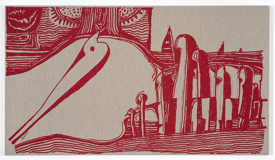 A red silkscreen print by artist Ibrahim el Salahi