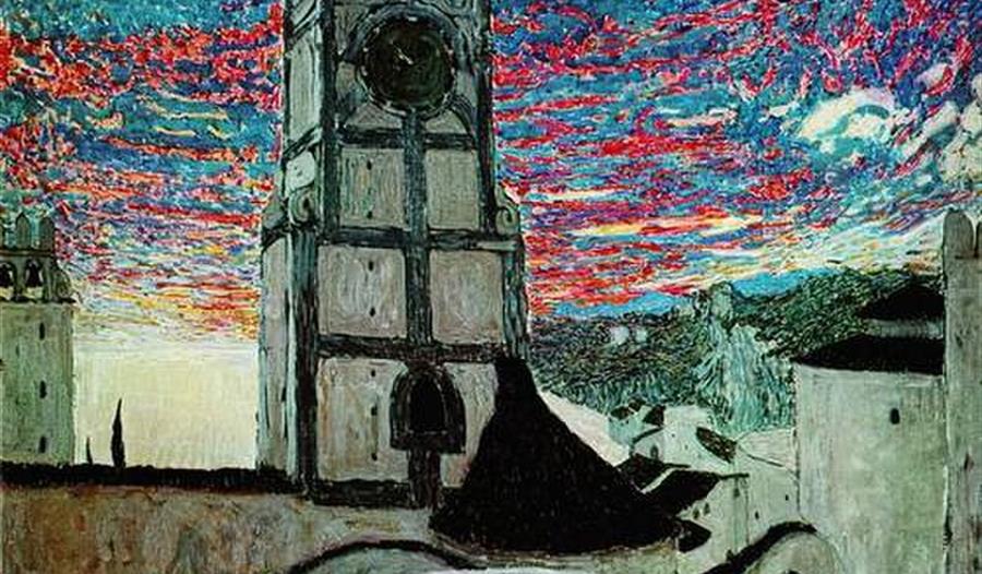 painting of clock tower by Aleksandr Golovin