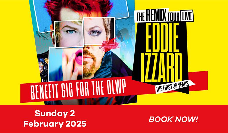 Image shows a picture of Eddie Izzard along with text describing the event including the date, title and location
