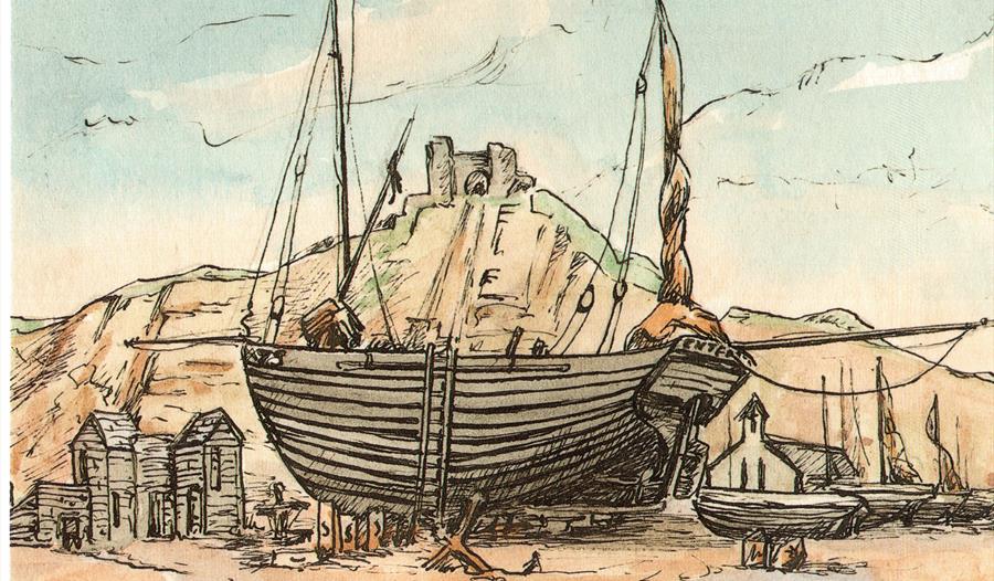 Watercolour and ink print of large fishing boat in front of castle like building on a clifftop
