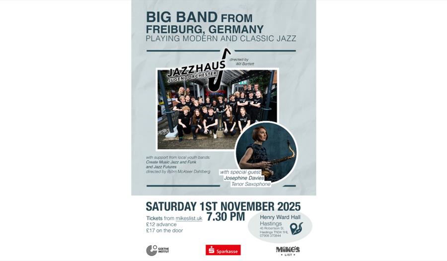 Image reads “BIG BAND FROM FREIBURG, GERMANY. PLAYING MODERN AND CLASSIC JAZZ. Followed by a picture of the group all in black branded t-shirts. Follo