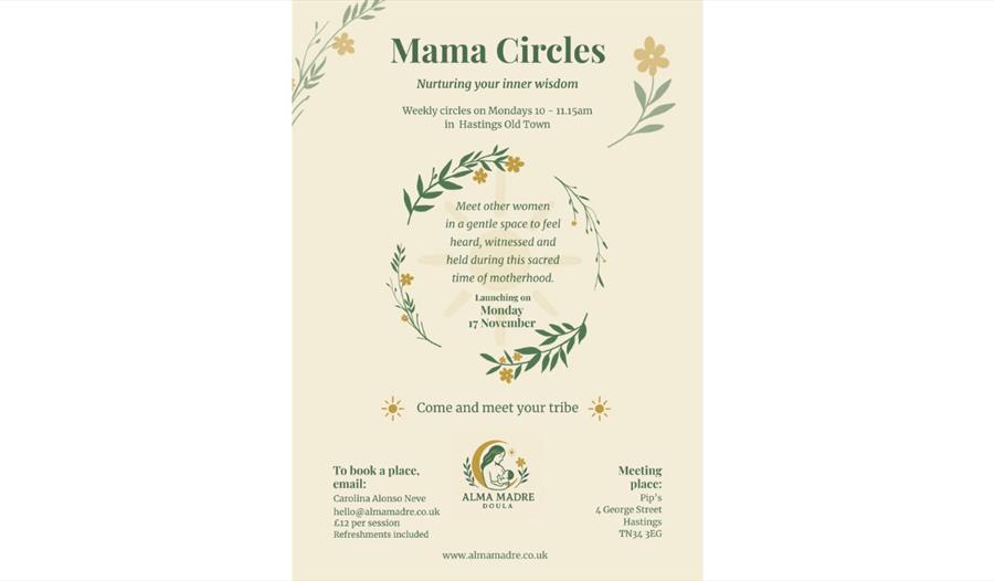 Promotional flyer for “Mama Circles – Nurturing your inner wisdom.” The background is a soft beige color with small floral illustrations in green and