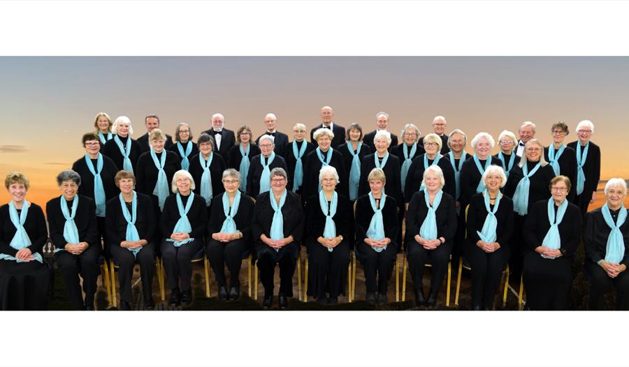 Panoramic group shot of an adult choir: approximately 35–40 people in black attire with light blue scarves, arranged in four neat rows. Front row seat