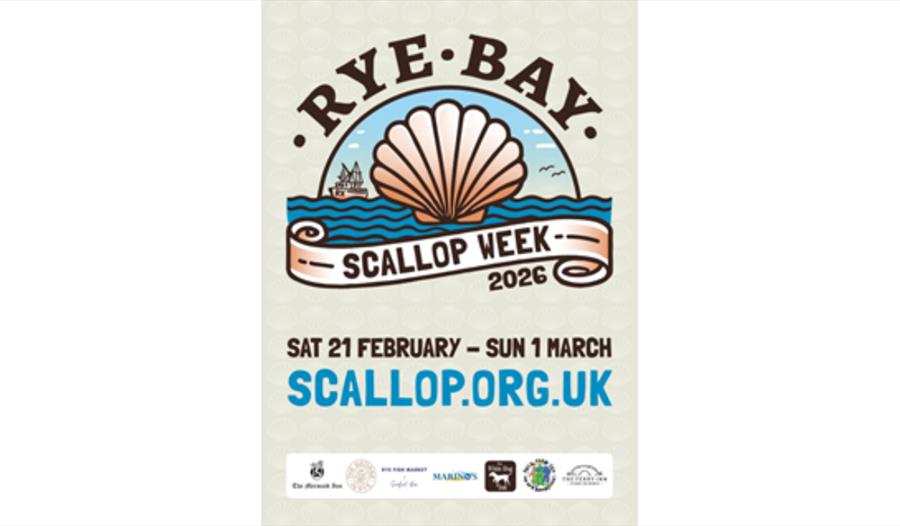 Poster for Rye Bay Scallop Week 2026 featuring a large scallop illustration and event dates with website link.