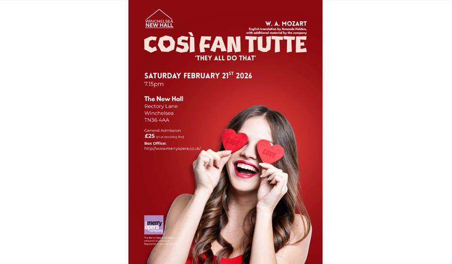 Poster for Così fan tutte opera with red background, performance details for February 21, 2026 at Winchelsea New Hall.