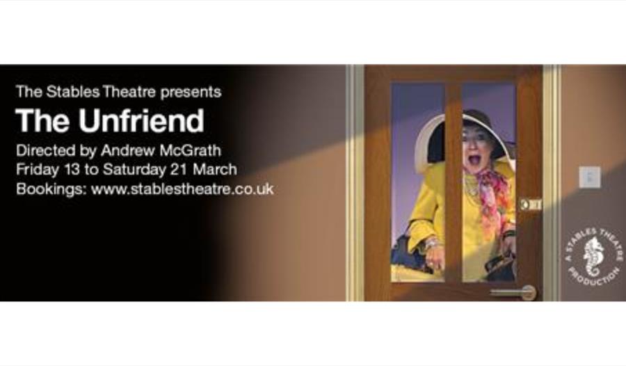 Poster for The Unfriend showing a figure in a yellow coat seen through a door window alongside event details.